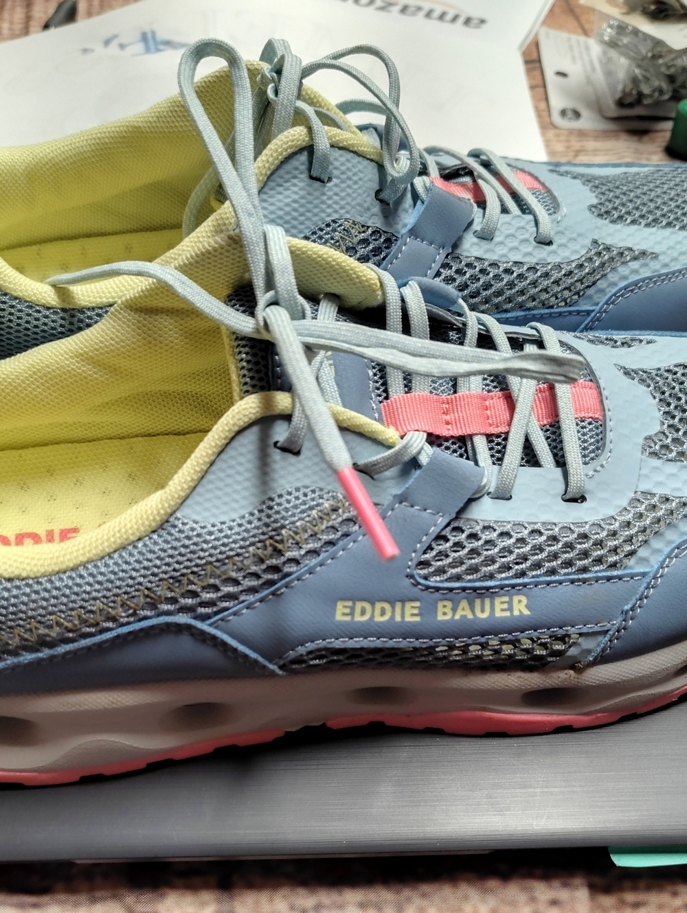 Eddie Bauer Women’s Light Blue Mesh Active Sneakers - Yellow Lining, Pink Accent